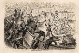 Um touro atravessando a barreira, durante uma tourada em Valência, desenho de Gustave Dore (1832-1883), para ilustrar sua viagem à Espanha, com C. Davillier, em 1862. Gravura em "Le tour du monde", editado por Edouard Charton de Gustave Dore