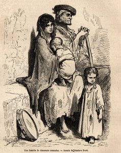 Uma família de dançarinos nômades que descansam nas ruas de Sevilha. Esboço feito ao vivo por Gustave Dore (1832-1883). Gravura para ilustrar a viagem na Espanha, em 1862 por Charles Davillier e Gustave Dore, em "Le tour du monde, nouveau journal des voyag de Gustave Dore