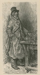 Um homem fica vendendo suas mercadorias de uma banca de mercado de Gustave Dore