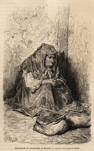 Um comerciante de amendoins, esboça ao vivo na puerta del sol, em Madrid. Gravura de Gustave Dore (1832-1883) para ilustrar sua viagem à Espanha, com Ch. Davillier (editor), em 1862, publicada em "Le tour du monde" 1869, editada por Edouard Charton, Hachet de Gustave Dore