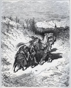 Um arado traz Dom Quixote e Rossinante de volta à aldeia - de “Don Quixote de la Mancha” ”de Miguel Cervantes de Gustave Dore