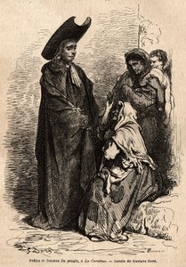 Um sacerdote e uma mulher do povo, vestidos com trapos; os mendigos profissionais espanhóis se instalaram nos tribunais das igrejas para explorar habilmente a caridade cristã. Esboço tirado ao vivo por Gustave Dore (1832-1883). Gravura para ilustrar a viag de Gustave Dore