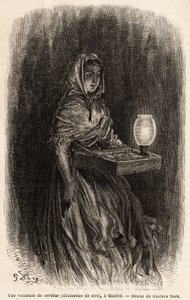 Uma vendedora de fósforos de cera, esboça ao vivo na puerta del sol, em Madrid. Gravura de Gustave Dore (1832-1883) para ilustrar sua viagem à Espanha, com Ch. Davillier (editor), em 1862, publicada em "Le tour du monde" 1869, editada por Edouard Charton, de Gustave Dore