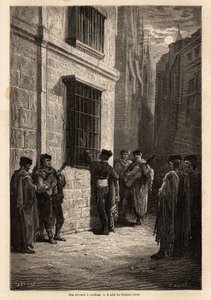 Uma serenata ao luar, nas ruas de Córdoba, o amante, violão na mão, fala em voz baixa à sua noiva através de uma janela de rede de arame, recita poemas ou canta uma canção para ele. Desenho de Gustave Dore (1832-1883). Gravura para ilustrar o v de Gustave Dore