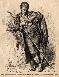 Um jovem mendigo, a vente de Cardenas, uma pousada na estrada de Almaden (província do Canal da Mancha). Esboço feito ao vivo por Gustave Dore (1832-1883). Gravura para ilustrar a viagem na Espanha, em 1862, de Charles Davillier e Gustave Dore, em "Le tour de Gustave Dore