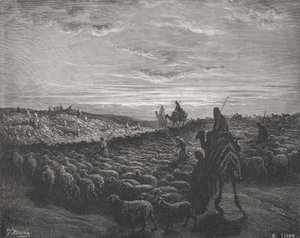 Abraão viajando para a terra de Canaã, Gênesis 13: 1-4, ilustração da "Bíblia Sagrada" de Dore, gravada por Pisan, 1866 de Gustave Dore