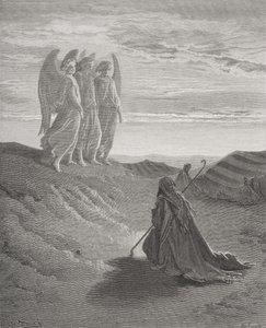 Abraão e os três anjos, ilustração de "A Bíblia Sagrada" de Dore, gravada por Ligny, 1866 de Gustave Dore