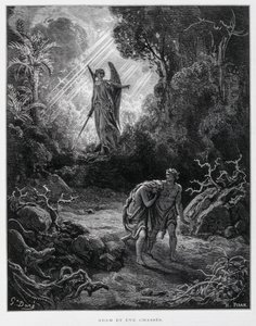 Adão e Eva expulsos do Jardim do Éden por um anjo, Ilustração da Bíblia de Dore de Gustave Dore