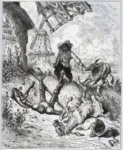 Depois do assalto dá os moinhos de vento - "Misericorde! "Sancho - de "Don Quixote de la Mancha" de Miguel Cervantes (1547-1616) (Don Quixote) - Corte de madeira após desenho de Gustave Dore de Gustave Dore