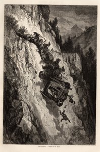 Um acidente de diligência, desenho de Gustave Dore (1832-1883), para ilustrar sua viagem à Espanha, com C. Davillier, em 1862. Gravura em "Le tour du monde", editado por Edouard Charton de Gustave Dore