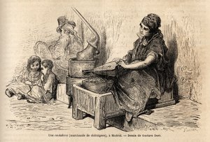 Uma comerciante de castanhas ao ar livre, com o seu forno portátil, esboça na puerta del sol, em Madrid. Gravura de Gustave Dore (1832-1883) para ilustrar a sua viagem à Espanha, com Ch. Davillier (editor), em 1862, publicada em "Le tour du monde" 18 de Gustave Dore