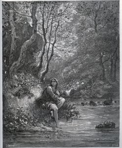 Aparição da Dorothee em Roupa de Fazendeiro - de "Don Quixote de la Mancha" de Miguel Cervantes (1547-1616) (Don Quixote) - Lenhador após desenho de Gustave Dore de Gustave Dore