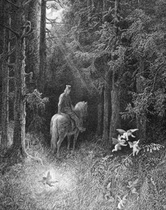 Ao cruzar as florestas escuras, ele mesmo viu 3 espíritos loucos de alegria saltando para a beira da estrada sobre uma grande flor (um cavaleiro da mesa redonda encontrando os três espíritos na floresta de Brocéliande) - em "Junièvre" de Alfred Tennyson, d de Gustave Dore