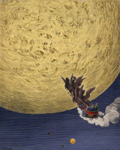 Astolph (Astolfo) nas folhas da carruagem de Elias para a razão de Roland na Lua Ilustração de Gustave Dore (1832-1883) para "The Furious Roland" (Orlando Furioso) de Ludovico Ariosto chamado Ariosto. Século XIX de Gustave Dore