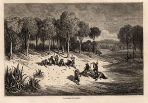 Batalha de Laranjas de Carcagente, desenho de Gustave Dore (1832-1883), para ilustrar sua viagem à Espanha com C.Davillier, em 1862. Gravura em "Le tour du monde", editado por Edouard Charton de Gustave Dore