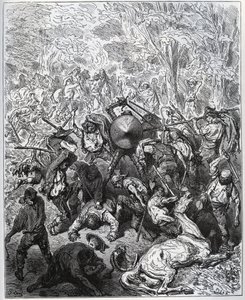 Batalha com os fabricantes de mulas - Os Yangois usaram seus tacos - de "Don Quixote de la Mancha" de Miguel Cervantes (1547-1616) (Don Quixote) - Corte de madeira após desenho de Gustave Dore de Gustave Dore
