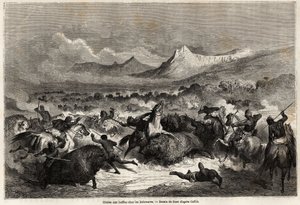 A caça ao búfalo entre os Delawares, ameríndios que vivem nas margens do rio do mesmo nome, desenho de Gustave dore (1832-1883), para ilustrar a viagem do Mississippi ao Oceano Pacífico em 1853-54 por Baudouin Mollhausen (1825-1905). Engravi de Gustave Dore