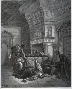 Suicídio de Camille em frente a Lothaire e Leonella - de "Don Quixote de la Mancha" de Miguel Cervantes (1547-1616) (Don Quixote) - Corte de madeira após desenho de Gustave Dore de Gustave Dore