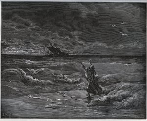 História cativa. Aagi-Morato, o pai de Zoraide, é barqueado na margem de "Dom Quixote de la Mancha" de Miguel Cervantes (1547-1616) (Dom Quixote) - Lenhador após desenho de Gustave Dore de Gustave Dore