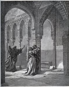 História cativa. Primeiro encontro do cativo com Zoraide no jardim de seu pai - de "Dom Quixote de la Mancha" de Miguel Cervantes (1547-1616) (Dom Quixote) - Lenhador após desenho de Gustave Dore de Gustave Dore