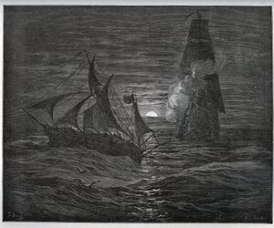 História cativa. O Barco de Fuga espanhol é atacado por um navio francês de "Don Quixote de la Mancha" de Miguel Cervantes (1547-1616) (Don Quixote) - Lenhador após desenho de Gustave Dore de Gustave Dore