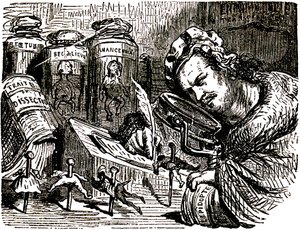 Cartoon de Honore de Balzac (1799-1850) por Gustave Dore (1832-1883) para os Tales Drolatiques (1855): o escritor é croque como um entomologista que estuda os seres humanos como insectos no seu gabinete cheio de rascunhos de entomologia e dissecação, bem c de Gustave Dore