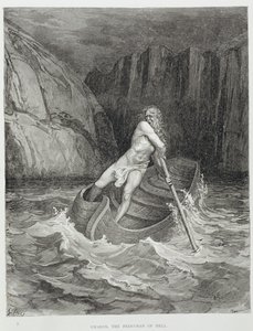 Charon, o barqueiro do inferno, da divina comédia (Inferno) por Dante Alighieri (1265-1321) gravado por Stephane Pannemaker (1847-1930) c.1868 de Gustave Dore