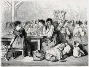 Cigarreras de Sevilha. Fabricação de charutos, trabalhadores, tabaco. Desenho de Gustave Dore ilustrando a “” Viagem em Espanha ”de Charles Davillier de Gustave Dore