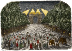 Multidão admirando a iluminação elétrica do Arco do Triunfo e dos Campos Elíseos (Champs-Elysees) em Paris nos dias 26 e 27 de outubro de Gustave Dore