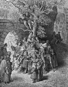 Multidão de espectadores e espectadores no casamento, cena de &39;The Rime of the Ancient Mariner&39; por ST Coleridge, publicado pela Harper und Brothers, Nova York, 1876 (gravura em madeira) de Gustave Dore