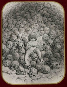 "Cupido com uma pistola no topo de uma montanha de crânio" Tinta e desenho de Gustave Dore (1832-1883) Colecção privada de Gustave Dore