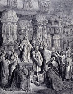 Ciro II o Grande (580 AC - 530 AC) libertou os povos cativos ao chegar na Babilônia em 539 AC e devolveu ao povo judeu os vasos sagrados que haviam sido tomados como despojos no templo de Jerusalém. Gravura de Gustave Doré. de Gustave Dore
