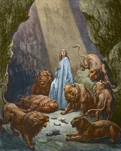 Daniel est jete dans la fonds aux lions - Daniel in the Den of Lions - gravura de Gustave Dore - coloração posterior de Gustave Dore