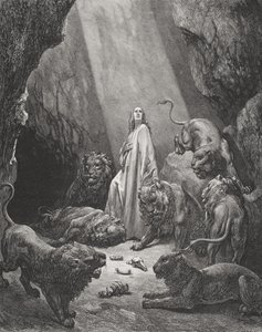 Daniel no Covil dos Leões, Daniel 6: 16-17, ilustração da "Bíblia Sagrada" de Dore, gravada por Piaud, 1866 de Gustave Dore