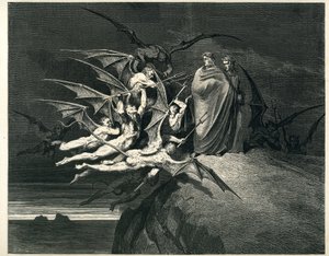 Dante e Virgílio enfrentam os demónios. Gravura de O Inferno de Dante Alighieri (a Divina Comédia) ilustrada por Gustave Dore. Edição francesa de 1861. "... Nessun di voi sia fello! (Que nenhum de vós seja rebelde!)" , canto 21, v. 72. de Gustave Dore