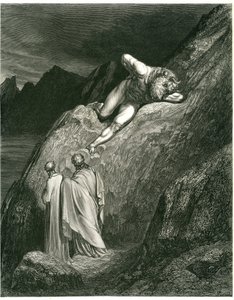 Dante e Virgílio encontram o Minotauro. Gravura de O Inferno de Dante Alighieri (a Divina Comédia) ilustrada por Gustave Dore. Edição francesa de 1861. "E in su la punta della rotta lacca/L