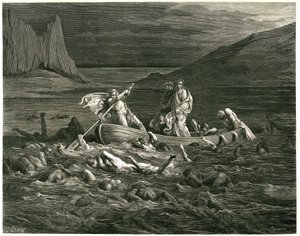 Dante e Virgílio navegam, conduzidos por Nocher Phlegyas, no Estige, onde se encontram represas, que tentam subir para o barco. Gravura de O Inferno de Dante Alighieri (a Divina Comédia) ilustrada por Gustave Dore. Edição francesa de 1861. "Segando se ne de Gustave Dore