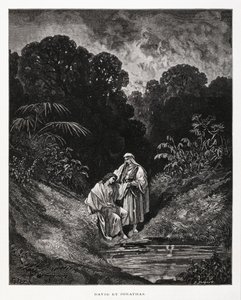 David e Jónatas, figuras heróicas do Reino de Israel, que fizeram um pacto de amizade registado nos livros de Samuel, Ilustração da Bíblia de Dore de Gustave Dore