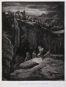 David oferece a sua espada em sinal de lealdade a Saul, rei de Israel, Ilustração da Bíblia de Dore de Gustave Dore