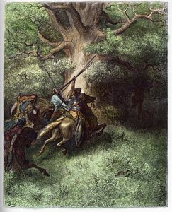 Morte de Absalom (Avshalom) - A morte de Absalom (ou Avshalom, Absalon). Após a derrota contra as tropas de seu pai, Absalão permaneceu suspenso pelos galhos de uma árvore fugindo do campo de batalha - gravada em "A ilustração bíblica" por Gustave Dore (18 de Gustave Dore