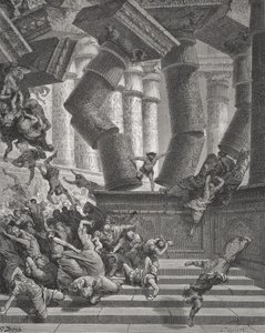 Morte de Sansão, Juízes 26: 28-30, ilustração da "Bíblia Sagrada" de Dore, gravada por G.Larlante, 1866 (gravura) de Gustave Dore