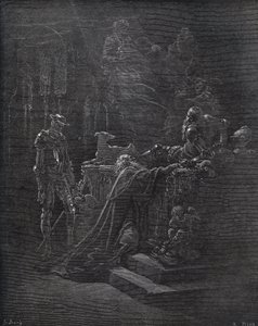 Dom Quijote, Montesinos e Durandarte, na caverna de Montesinos - de "Dom Quixote de la Mancha" de Miguel Cervantes (1547-1616) (Dom Quixote) - Lenhador após desenho de Gustave Dore de Gustave Dore
