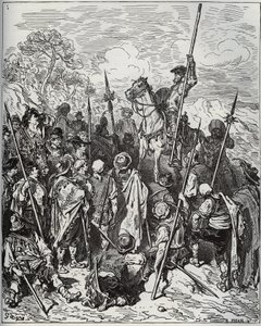 Dom Quijote e Sancho com a esquadra dos aldeões - de "Dom Quixote de la Mancha" de Miguel Cervantes (1547-1616) (Dom Quixote) - Lenhador após desenho de Gustave Dore de Gustave Dore