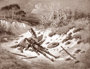 Dom Quixote Depois do seu espancamento, Quixote pede a sua dama ideal Dulcinea del Toboso Gravura de Gustave Dore (1832-1883) para "O Ingenieux Hidalgo Dom Quixote de la Mancha (Quixotte - Quijote)" de Miguel por Cervantes (1547-1616) 1863 Colecção privada de Gustave Dore