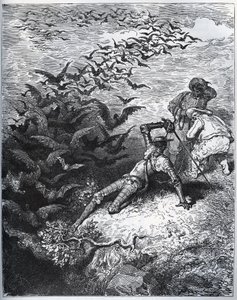 Dom Quixote a la cave de Montesinos - Um número infinito de corvos e torres voam da caverna de Montesinos, derrubando Dom Quijote ao chão (II, 22) - de "Dom Quixote de la Mancha" de Miguel Cervantes (1547-1616) (Dom Quixote) - Lenhador após desenho de Gustave Dore
