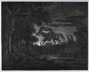 Dom Quixote e Sancho Panza no início da aventura numa floresta espessa e desconhecida - de "Dom Quixote de la Mancha" de Miguel Cervantes (1547-1616) (Dom Quixote) - Lenhador após desenho de Gustave Dore de Gustave Dore