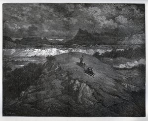 Dom Quixote e Sancho Panza continuam suas aventuras em uma região montanhosa, Sierra Morena - de "Dom Quixote de la Mancha" de Miguel Cervantes (1547-1616) (Dom Quixote) - Corte de madeira após desenho de Gustave Dore de Gustave Dore