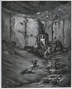 Dom Quixote e Sancho Panza descobrem o que causou sua preocupação, uma cachoeira e um moinho um foulon - de "Dom Quixote de la Mancha" de Miguel Cervantes (1547-1616) (Dom Quixote) - Lenhador após desenho de Gustave Dore de Gustave Dore
