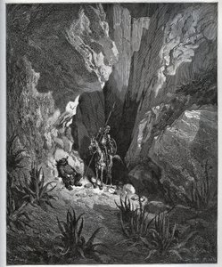 Dom Quixote e Sancho Panza encontram as coisas de um viajante - de "Dom Quixote de la Mancha" de Miguel Cervantes (1547-1616) (Dom Quixote) - Lenhador após desenho de Gustave Dore de Gustave Dore