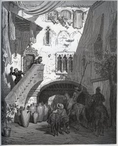 Dom Quixote e Sancho Panza, convidados por Don Diego de Miranda em casa, são recebidos pela esposa e filho do cavalheiro - de "Dom Quixote de la Mancha" de Miguel Cervantes (1547-1616) (Dom Quixote) - Lenhador após desenho de Gustave Dore de Gustave Dore
